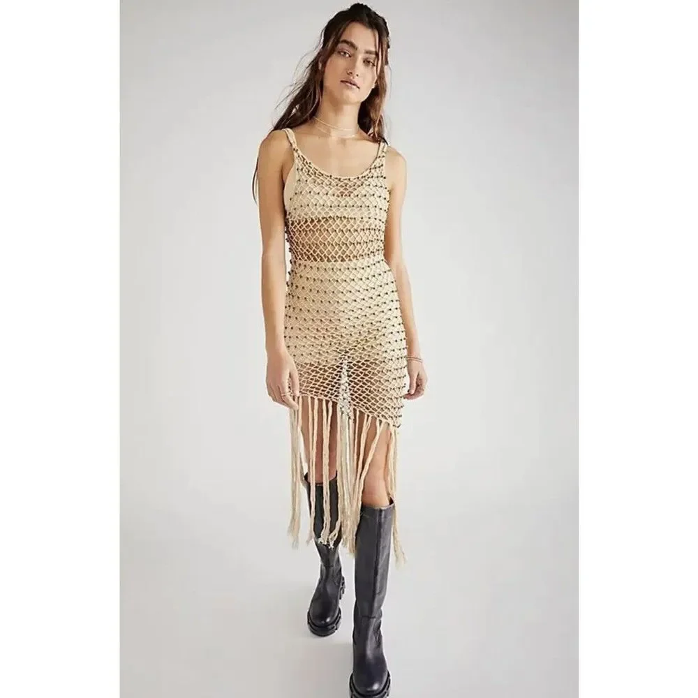 Free People Beige Crochet Fringe Maxi Dress - Picture 1 of 5